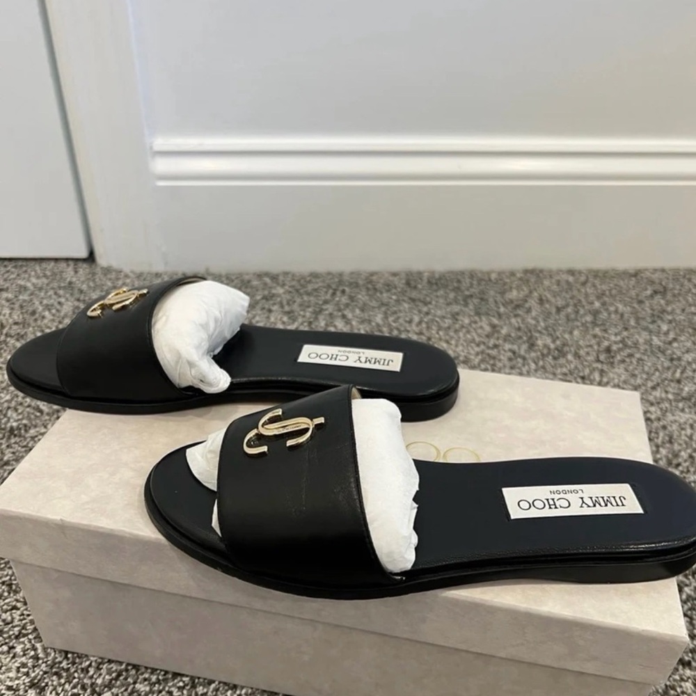 Jimmy Choo Black Slide Sandals with Gold Logo - Picture 3 of 4